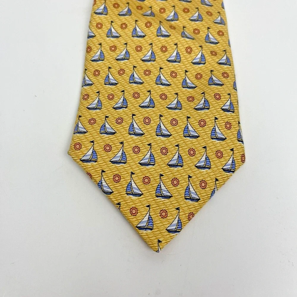 Tommy Hilfiger Silk Tie Yellow Blue Sailboats‎ Geometric Men Necktie 62